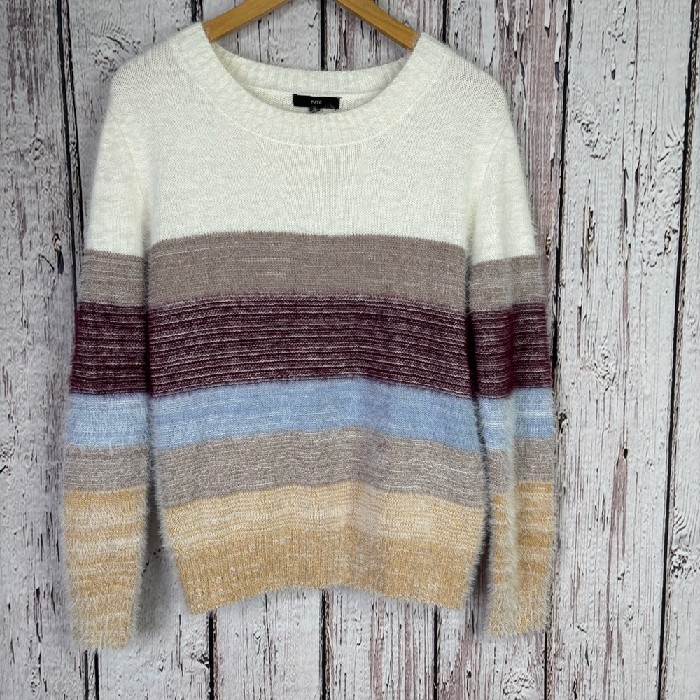 FATE Size Small Fuzzy Stripe Knit Sweater Pullover Nylon Acrylic Coastal Colors
